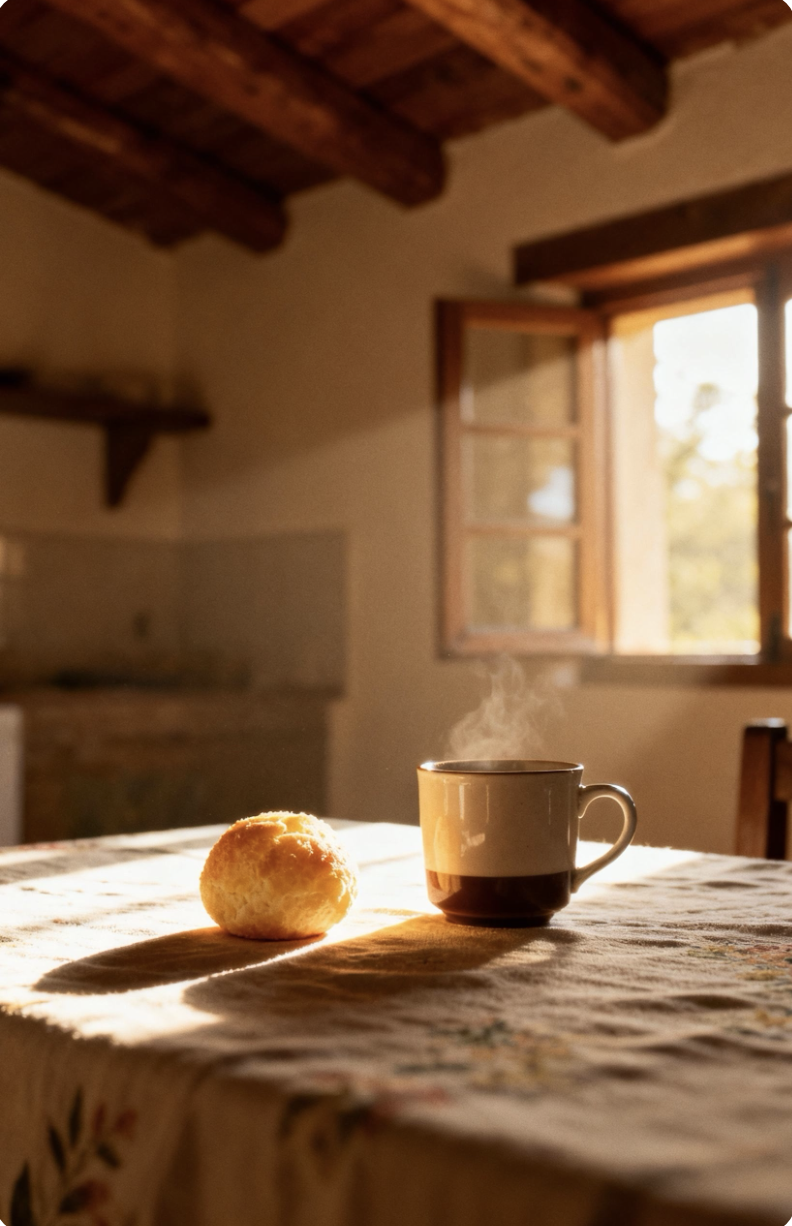 A fresh pão de queijo and steaming coffee on a sunlit rustic table